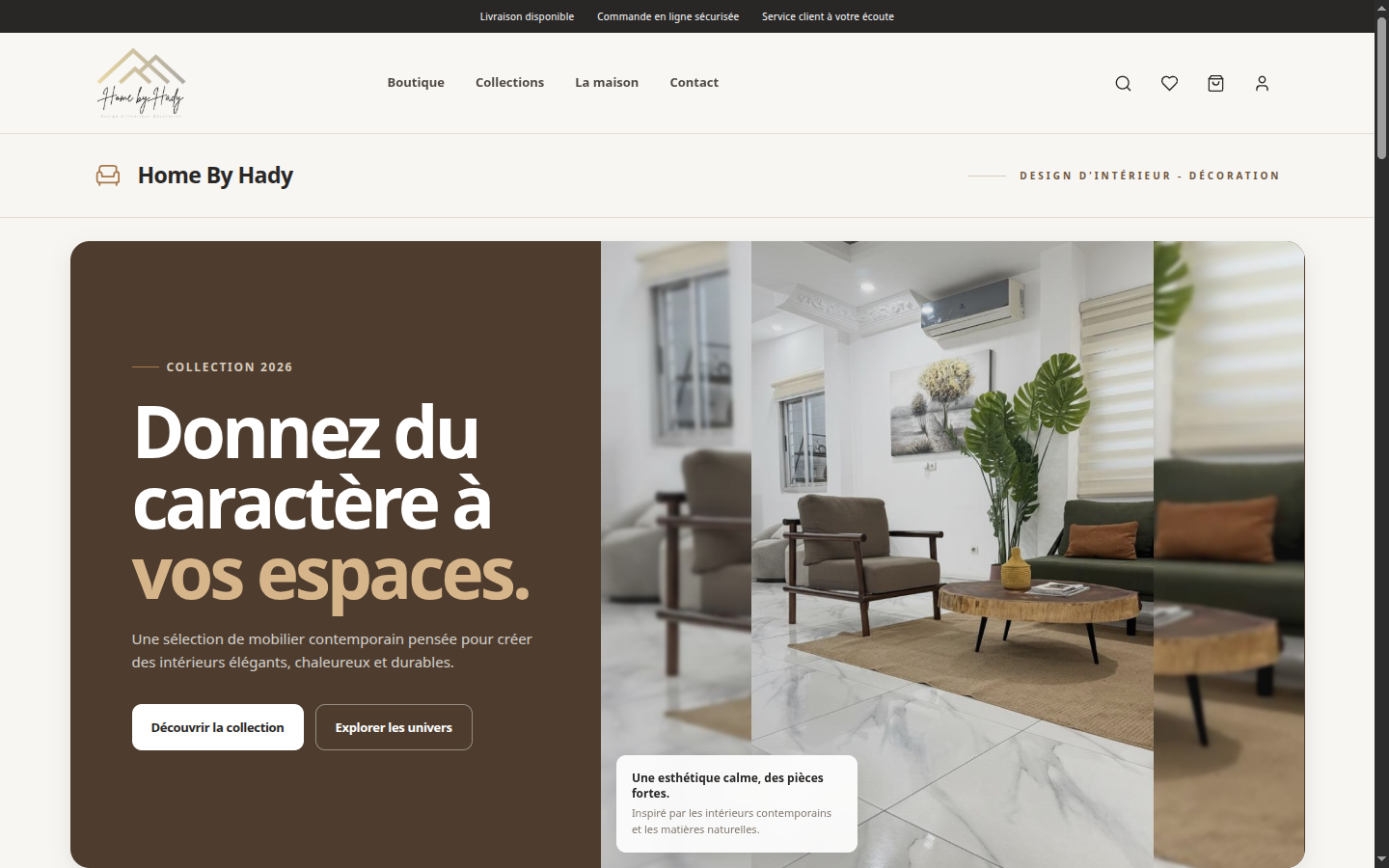 Aperçu du projet Home By Hady : boutique en ligne et gestion pour le mobilier sur mesure